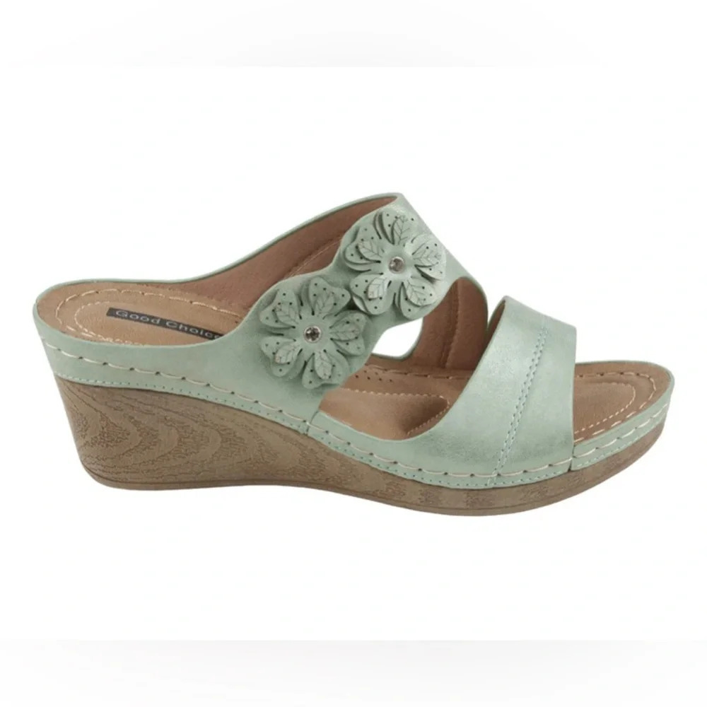 NWOB Good Choice Shoes Rita Mint Floral Faux Leather Wedge Sandals 6.5 - Picture 2 of 10